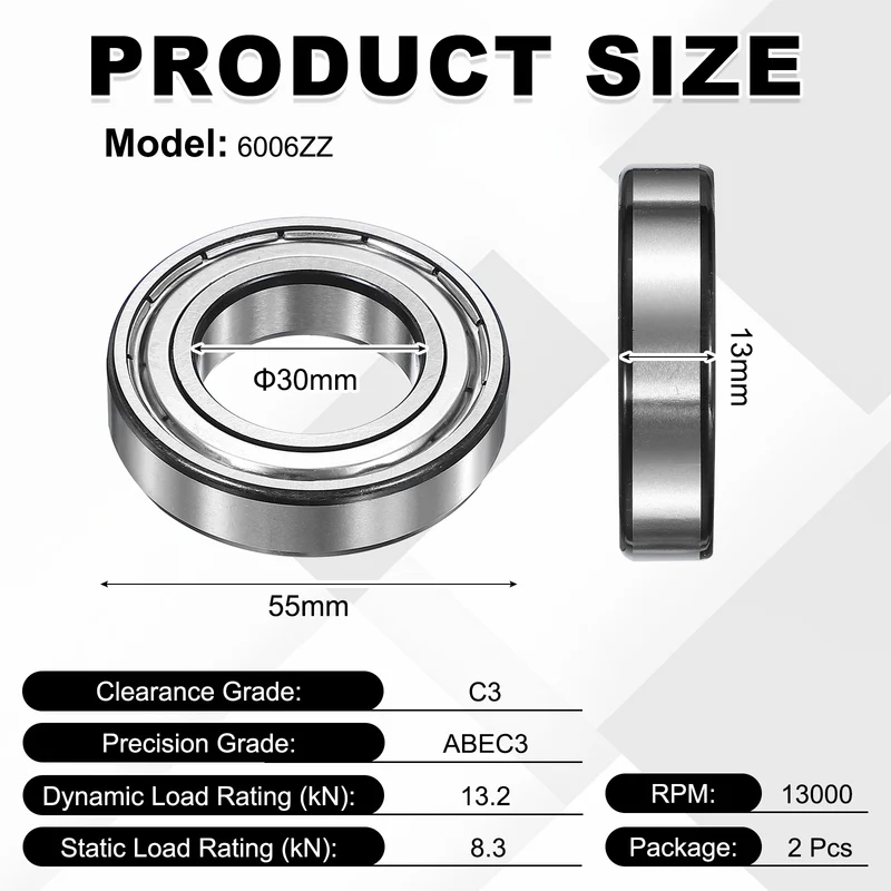 2Pcs 6006ZZ Deep Groove Ball Bearing, 30x55x13 mm Double Shielded Chrome Steel