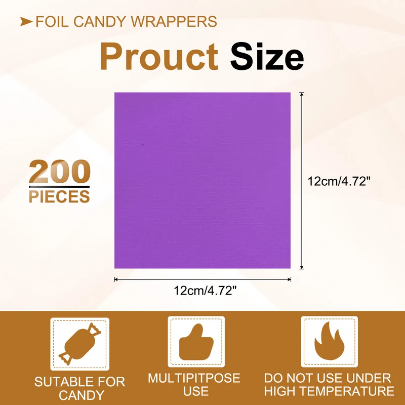 200 Pcs 5x5 Inch Foil Candy Wrappers Chocolate Wrapping Paper Purple