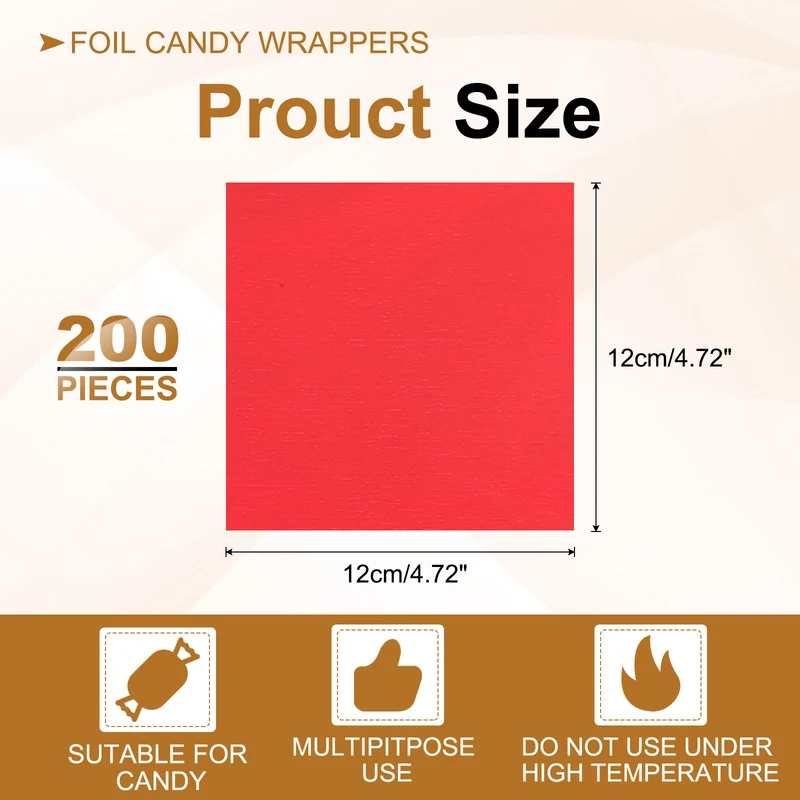 200 Pcs 5x5 Inch Foil Candy Wrappers Chocolate Wrapping Paper Red