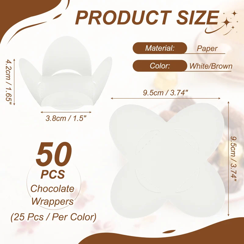 50Pcs Truffle Wrappers, Mini Cupcake Liners Chocolate Cups Liners, White/Brown