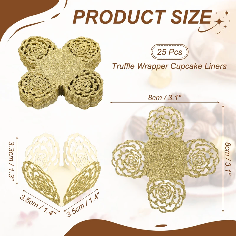 25Pcs 1.4x1.4" Glitter Rose Truffle Wrapper Cupcake Liners, Yellow