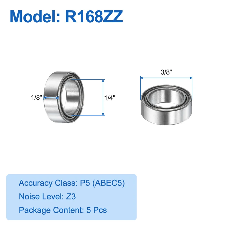 5Pcs R168ZZ Deep Groove Ball Bearings 1/4"x3/8"x1/8" Double Metal Shielded Z3