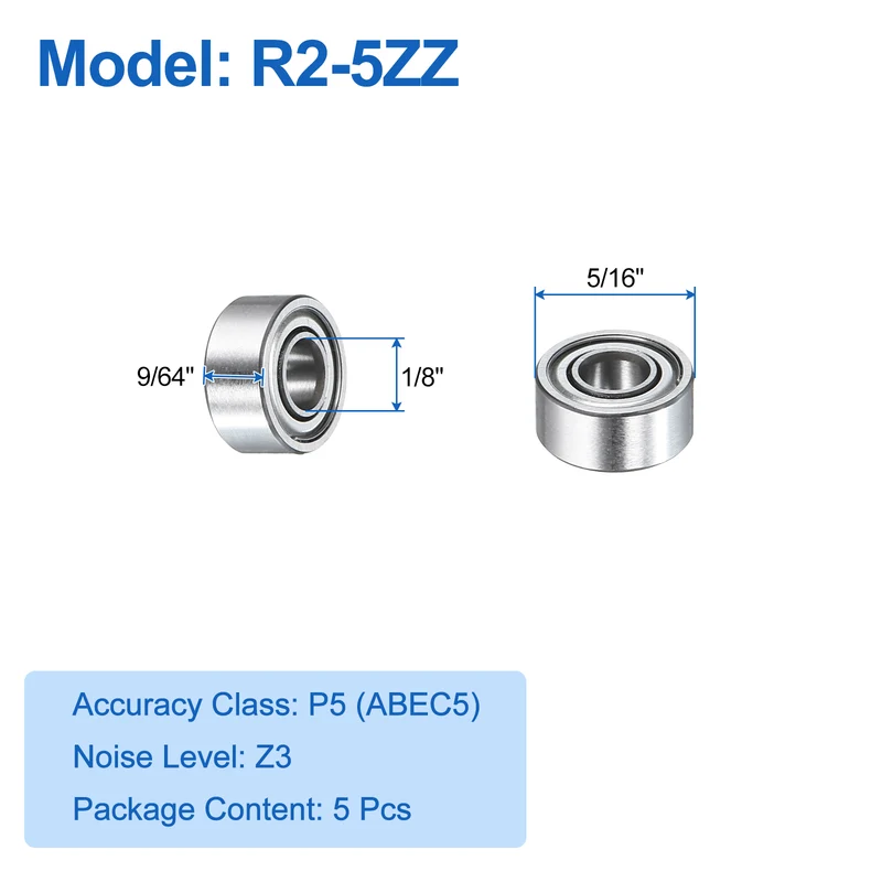 5Pcs R2-5ZZ Deep Groove Ball Bearings 1/8"x5/16"x9/64" Double Metal Shielded Z3