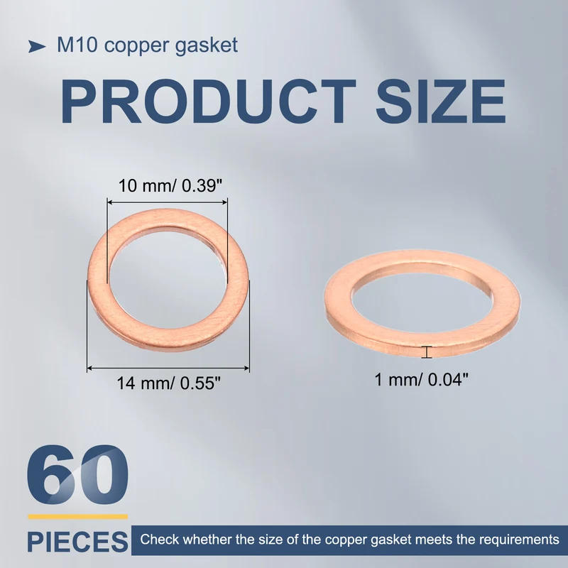 60Pcs M10 Flat Copper Washers 10x14x1mm Copper Flat Sealing Ring Washers