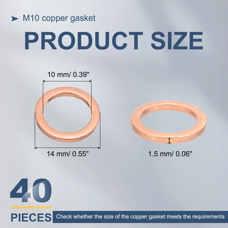 40Pcs M10 Flat Copper Washers 10x14x1.5mm Copper Flat Sealing Ring Washers