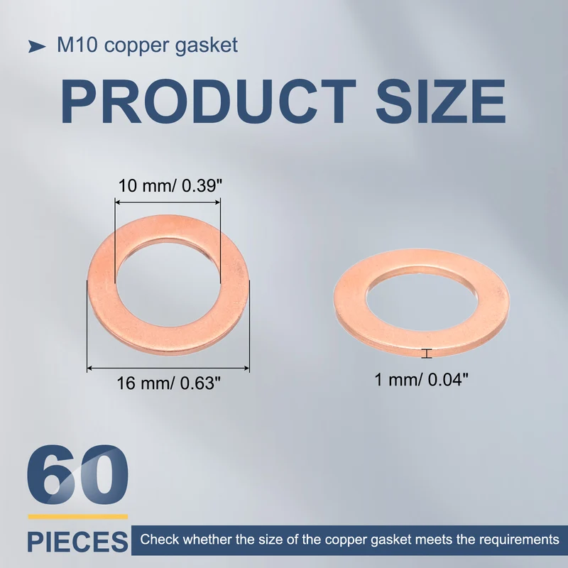 60Pcs M10 Flat Copper Washers 10x16x1mm Copper Flat Sealing Ring Washers