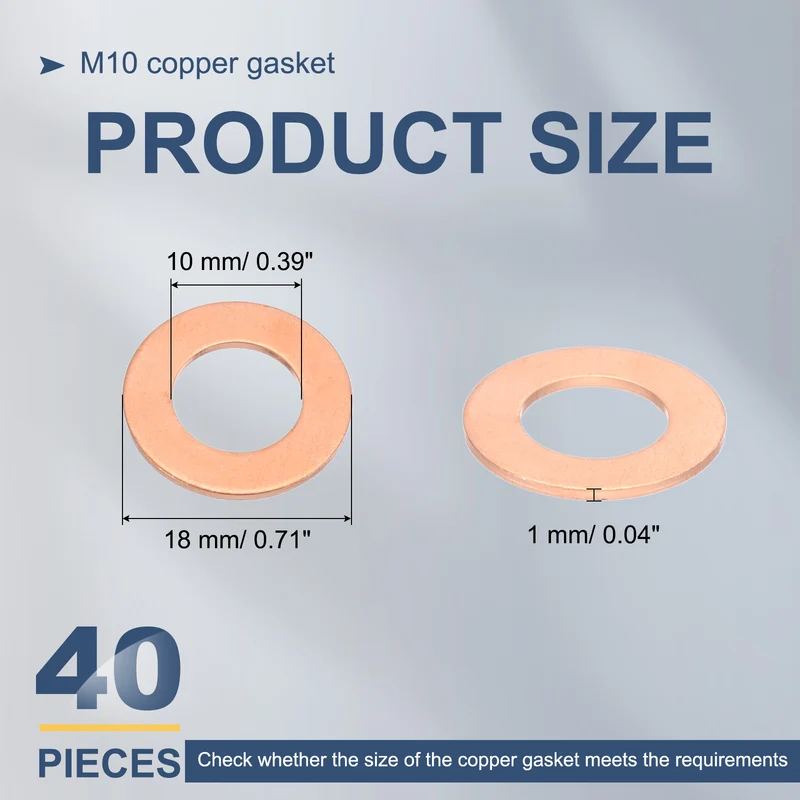 40Pcs M10 Flat Copper Washers 10x18x1mm Copper Flat Sealing Ring Washers
