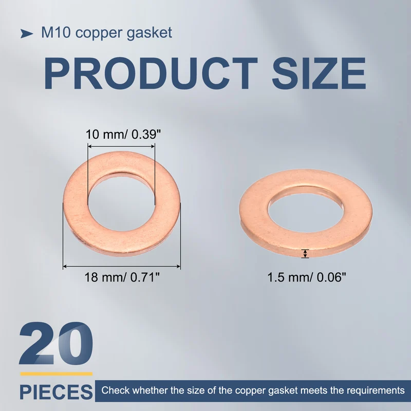 20Pcs M10 Flat Copper Washers 10x18x1.5mm Copper Flat Sealing Ring Washers