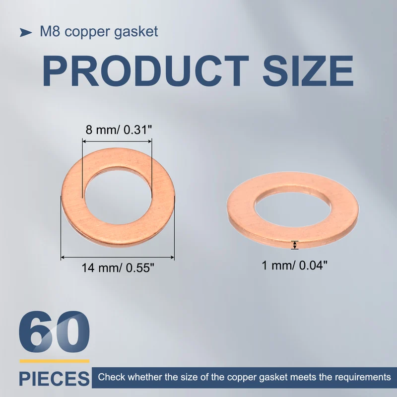 60Pcs M8 Flat Copper Washers 8x14x1mm Copper Flat Sealing Ring Washers