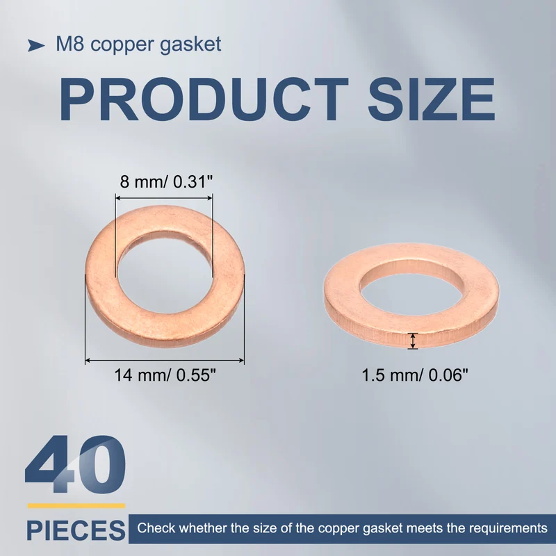 40Pcs M8 Flat Copper Washers 8x14x1.5mm Copper Flat Sealing Ring Washers