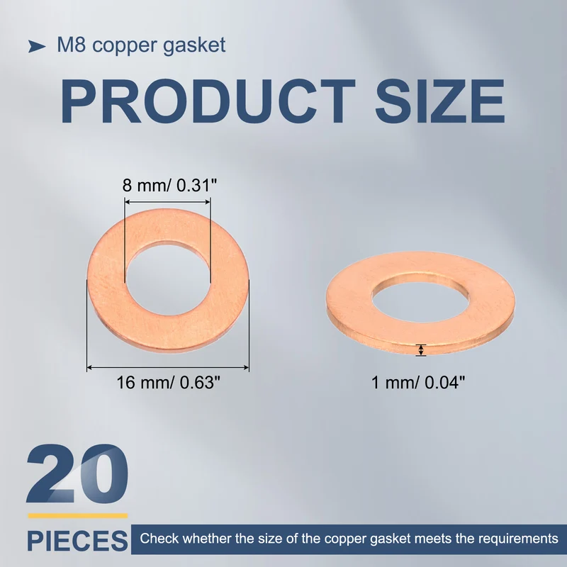 20Pcs M8 Flat Copper Washers 8x16x1mm Copper Flat Sealing Ring Washers
