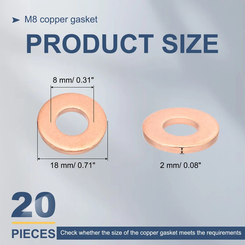 20Pcs M8 Flat Copper Washers 8x18x2mm Copper Flat Sealing Ring Washers