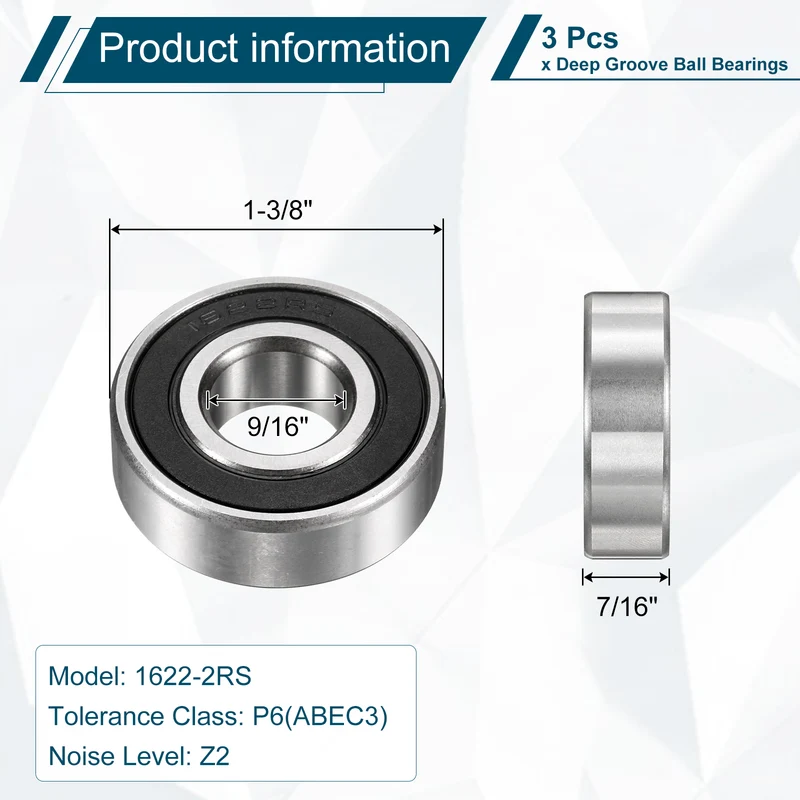 1622-2RS Deep Groove Ball Bearing, 3pcs 9/16" x 1-3/8" x 7/16", Z2 Double Rubber