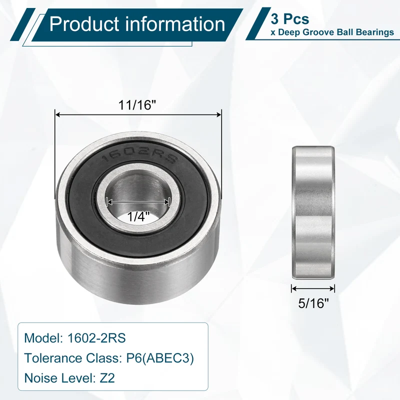 1602-2RS Deep Groove Ball Bearing, 3pcs, 1/4" x 11/16" x 5/16", Z2 Double Rubber