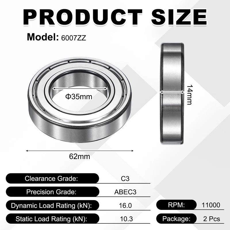 2Pcs 6007ZZ Deep Groove Ball Bearing, 35x62x14 mm Double Shielded Chrome Steel