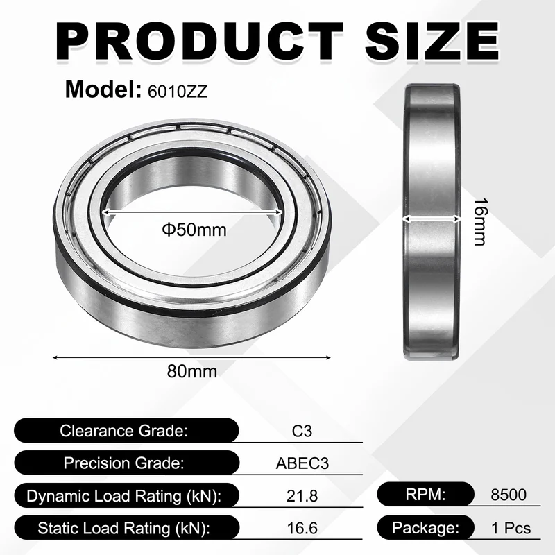 1Pcs 6010ZZ Deep Groove Ball Bearing, 50x80x16 mm Double Shielded Chrome Steel