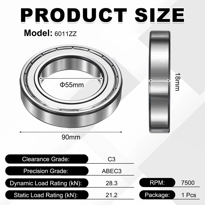 1Pcs 6011ZZ Deep Groove Ball Bearing, 55x90x18 mm Double Shielded Chrome Steel