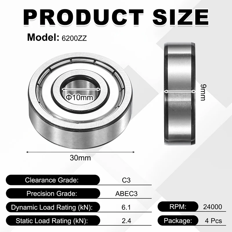 4Pcs 6200ZZ Deep Groove Ball Bearing, 10x30x9 mm Double Shielded Chrome Steel