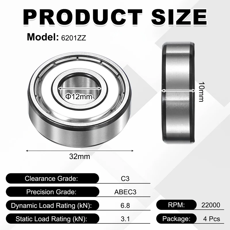 4Pcs 6201ZZ Deep Groove Ball Bearing, 12x32x10 mm Double Shielded Chrome Steel