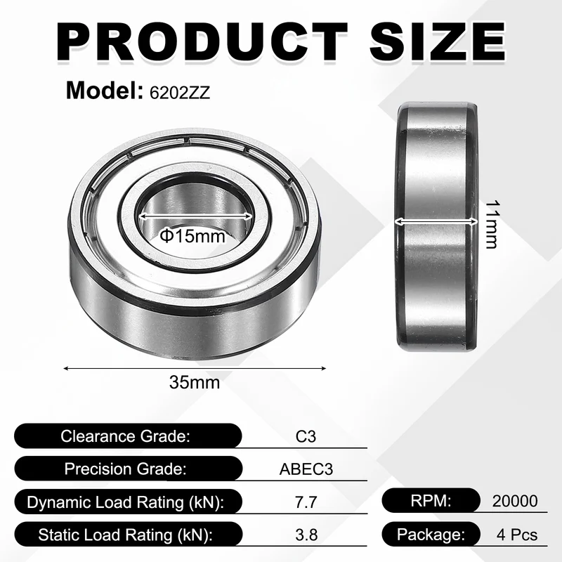 4Pcs 6202ZZ Deep Groove Ball Bearing, 15x35x11 mm Double Shielded Chrome Steel