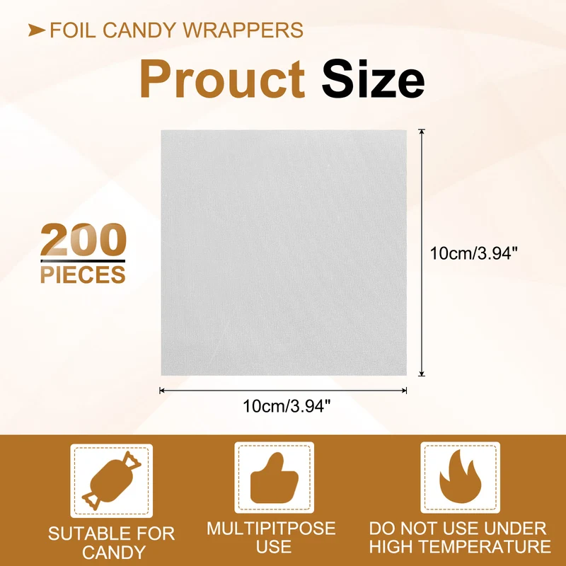 200 Pcs 4x4 Inch Foil Candy Wrappers Chocolate Wrapping Paper Light Silver