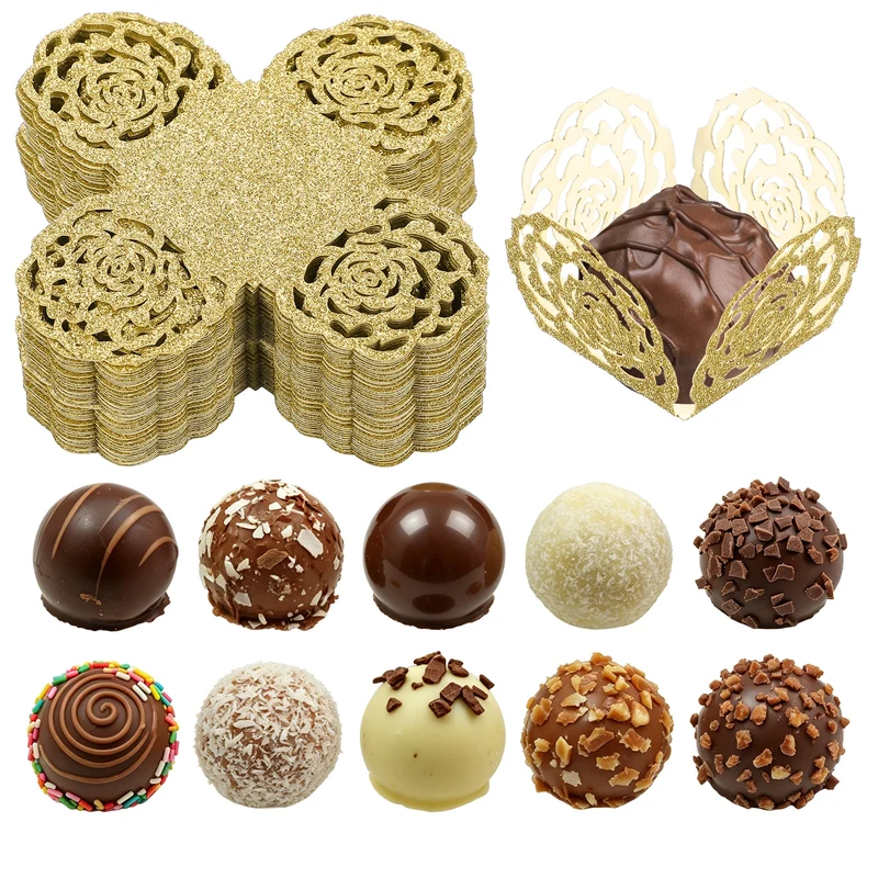 50Pcs 1.4x1.4" Glitter Rose Truffle Wrapper Cupcake Liners, Yellow