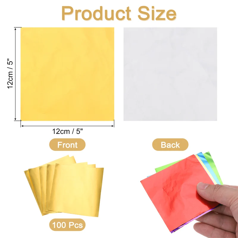 100 Pcs 5 x 5 Inch Square Aluminum Foil Candy Wrappers, Golden