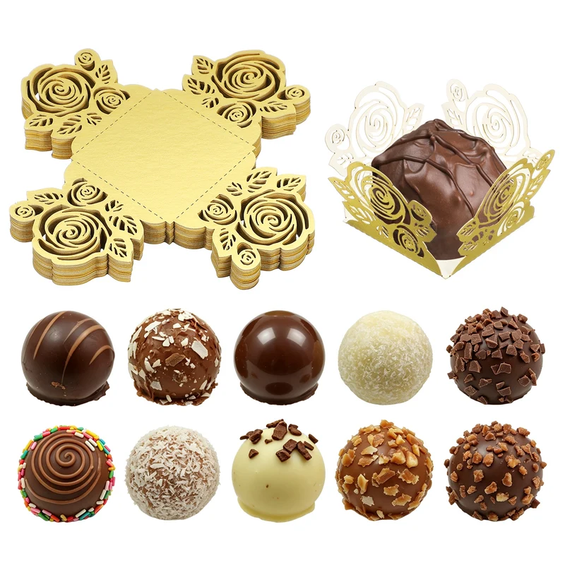 25Pcs 1.4x1.4" Rose Shape Truffle Wrapper Cupcake Liners for Decor, Gold