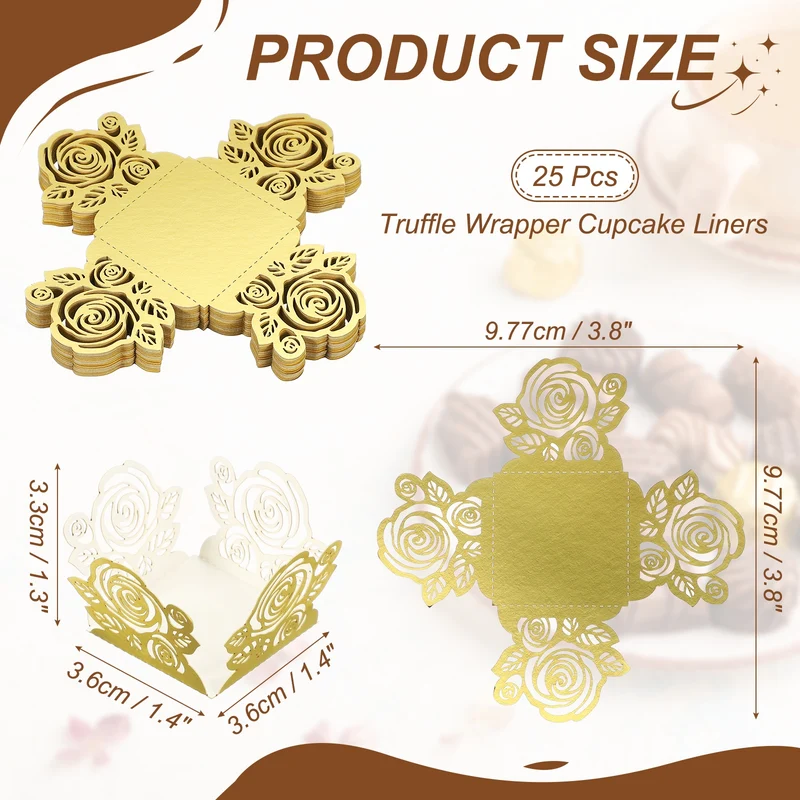 25Pcs 1.4x1.4" Rose Shape Truffle Wrapper Cupcake Liners for Decor, Gold
