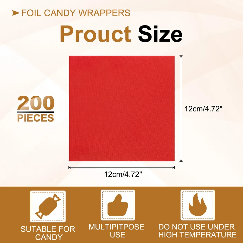 200 Pcs 5x5 Inch Foil Candy Wrappers Chocolate Wrapping Paper Light Red