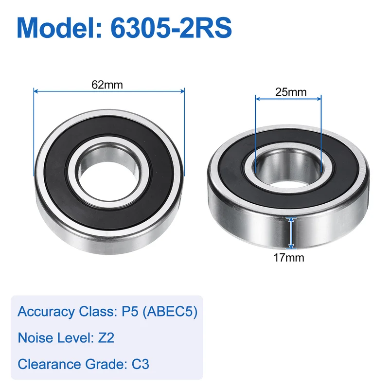 6305-2RS Deep Groove Ball Bearings, 25 x 62 x 17mm C3 Double Sealed Gcr15