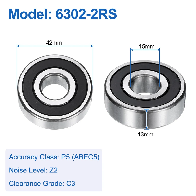 6302-2RS Deep Groove Ball Bearings, 2pcs 15 x 42 x 13mm C3 Double Sealed Gcr15