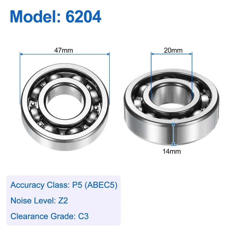 6204 Deep Groove Ball Bearings, 2pcs 20 x 47 x 14mm C3 Open Type Chrome Steel