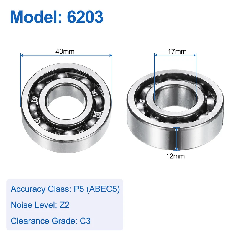 6203 Deep Groove Ball Bearings, 2pcs 17 x 40 x 12mm C3 Open Type Chrome Steel