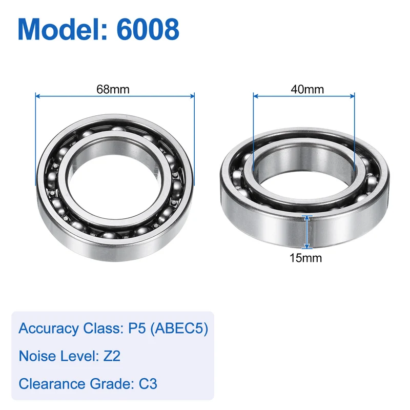 6008 Deep Groove Ball Bearings, 2pcs 40 x 68 x 15mm C3 Open Type Chrome Steel