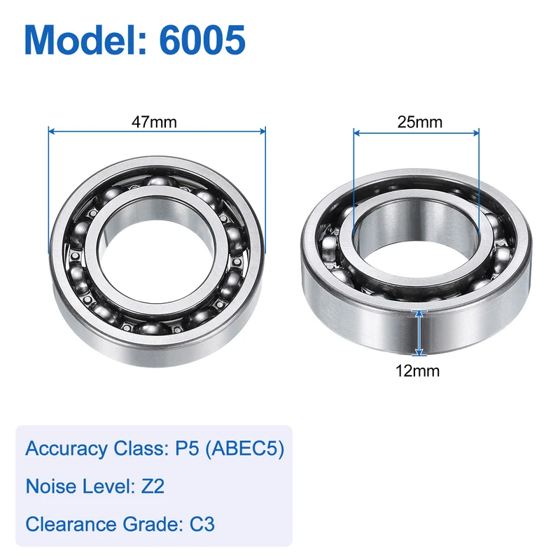 6005 Deep Groove Ball Bearings, 2pcs 25 x 47 x 12mm C3 Open Type Chrome Steel