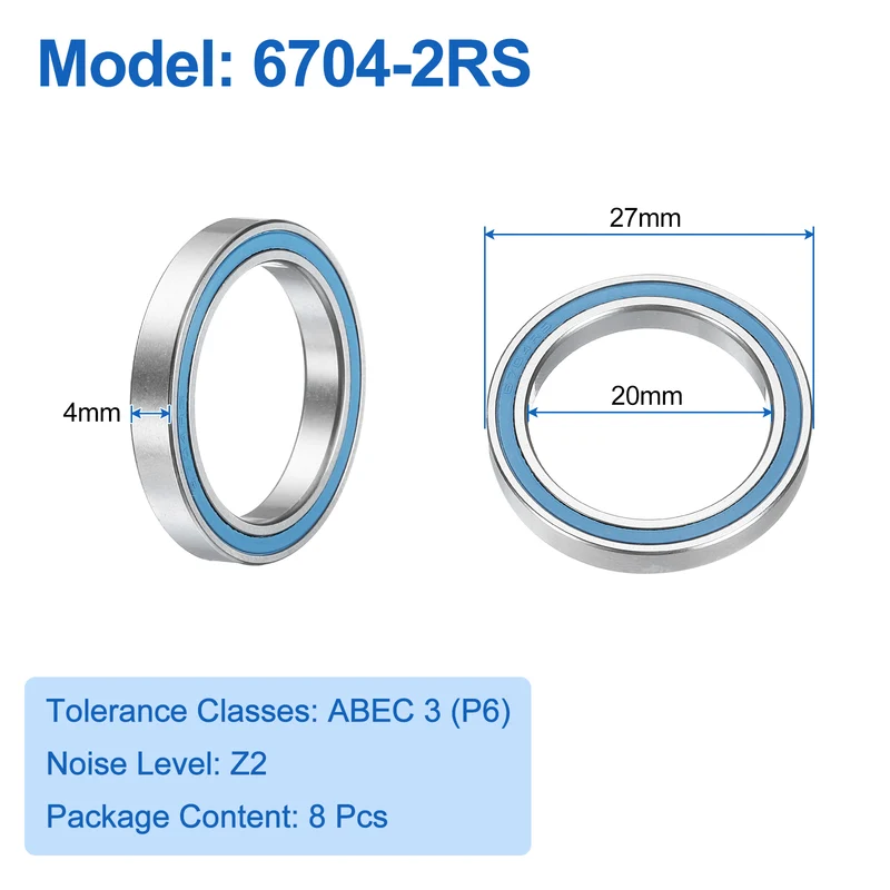 8pcs 6704-2RS Deep Groove Ball Bearings 20x27x4mm P6(ABEC3) Blue