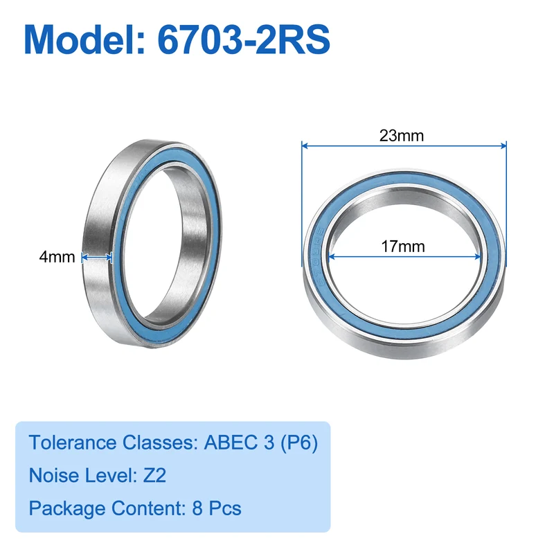 8pcs 6703-2RS Deep Groove Ball Bearings 17x23x4mm, P6(ABEC3), Blue