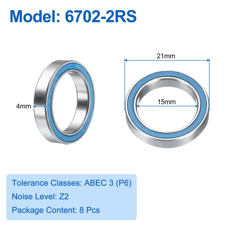8pcs 6702-2RS Deep Groove Ball Bearings 15x21x4mm, P6(ABEC3), Blue