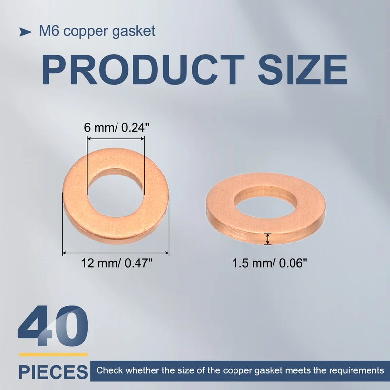 40Pcs M6 Flat Copper Washers 6x12x1.5mm Copper Flat Sealing Ring Washers