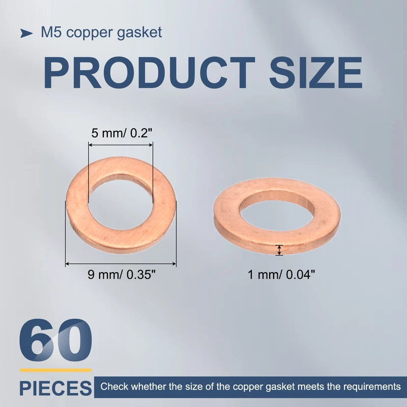 60Pcs M5 Flat Copper Washers 5x9x1mm Copper Flat Sealing Ring Washers