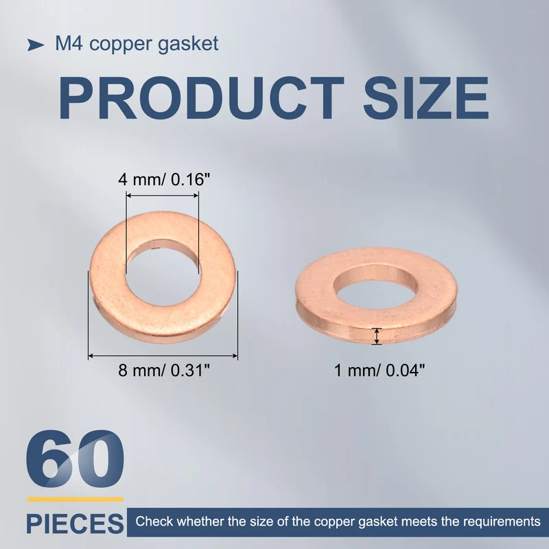 60Pcs M4 Flat Copper Washers 4x8x1mm Copper Flat Sealing Ring Washers