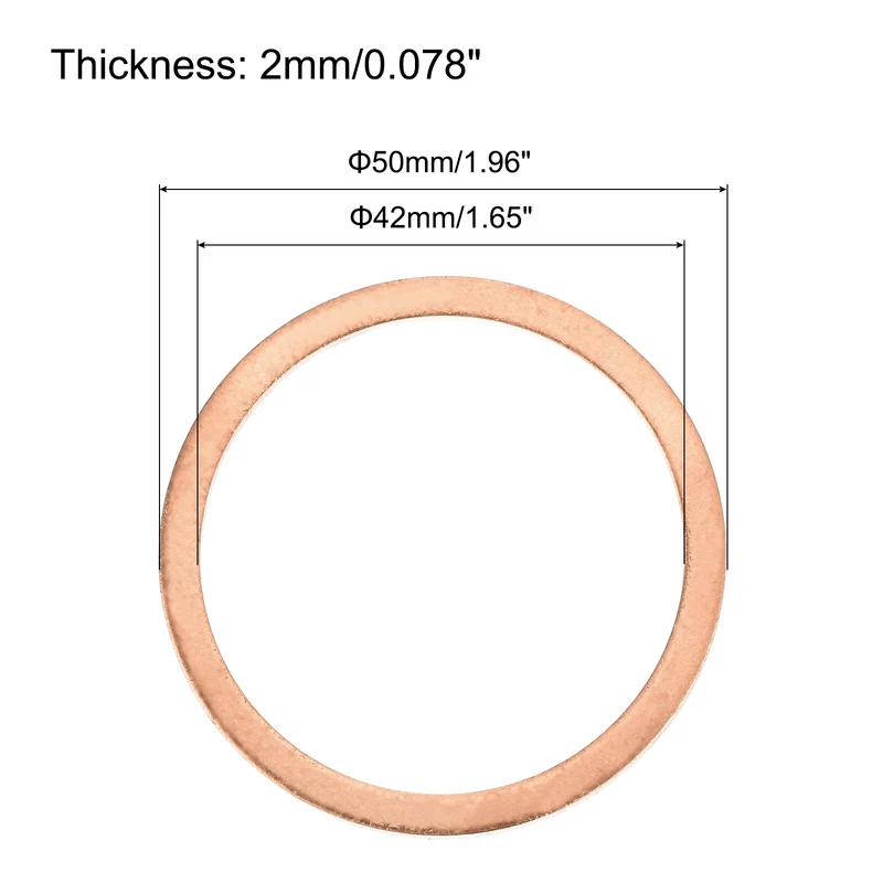 2 Pcs Flat Copper Washers 42x50x2mm Copper Flat Sealing Ring Washers