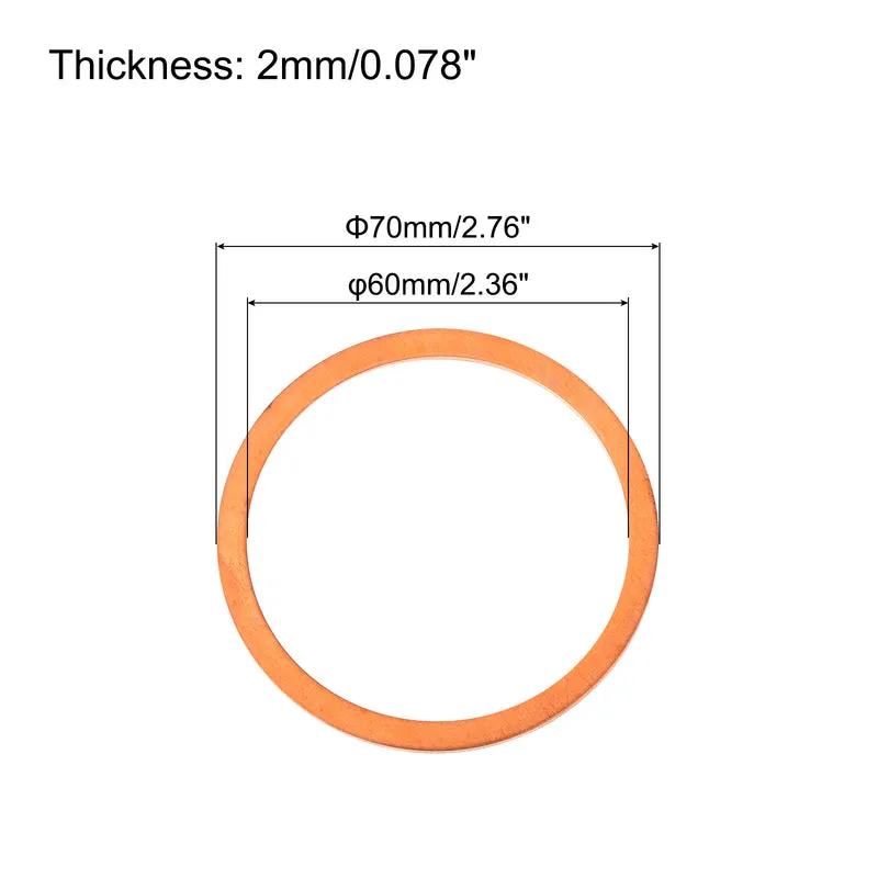 2 Pcs Flat Copper Washers 60x70x2mm Copper Flat Sealing Ring Washers