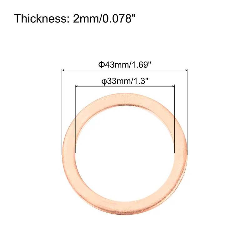 2 Pcs Flat Copper Washers 33x43x2mm Copper Flat Sealing Ring Washers