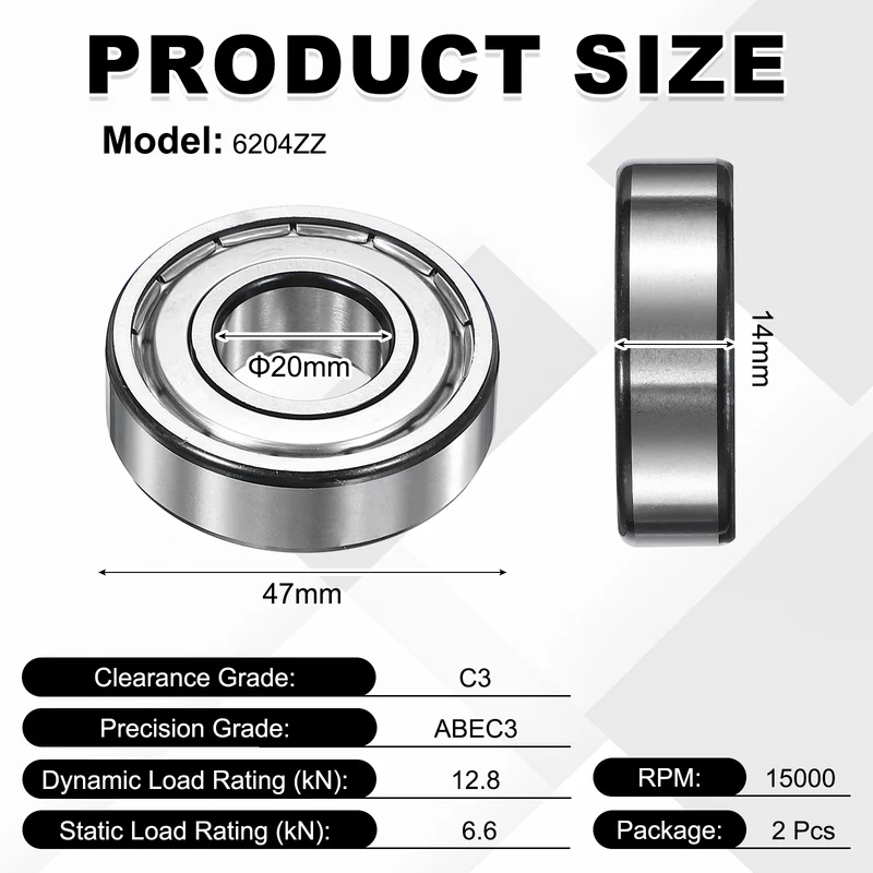 2Pcs 6204ZZ Deep Groove Ball Bearing, 20x47x14 mm Double Shielded Chrome Steel