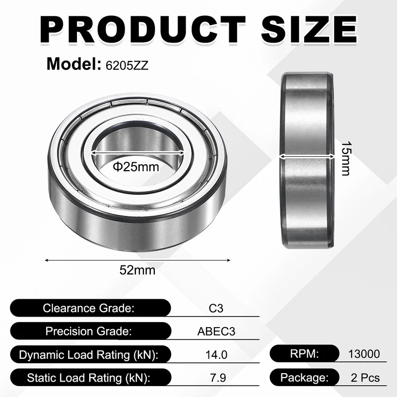 2Pcs 6205ZZ Deep Groove Ball Bearing, 25x52x15 mm Double Shielded Chrome Steel