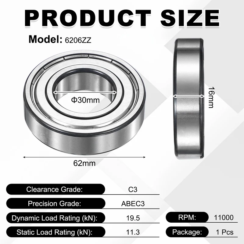 1Pcs 6206ZZ Deep Groove Ball Bearing, 30x62x16 mm Double Shielded Chrome Steel