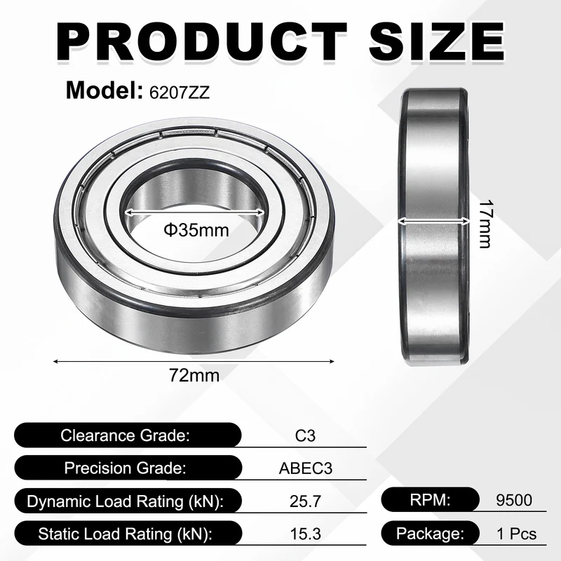 1Pcs 6207ZZ Deep Groove Ball Bearing, 35x72x17 mm Double Shielded Chrome Steel