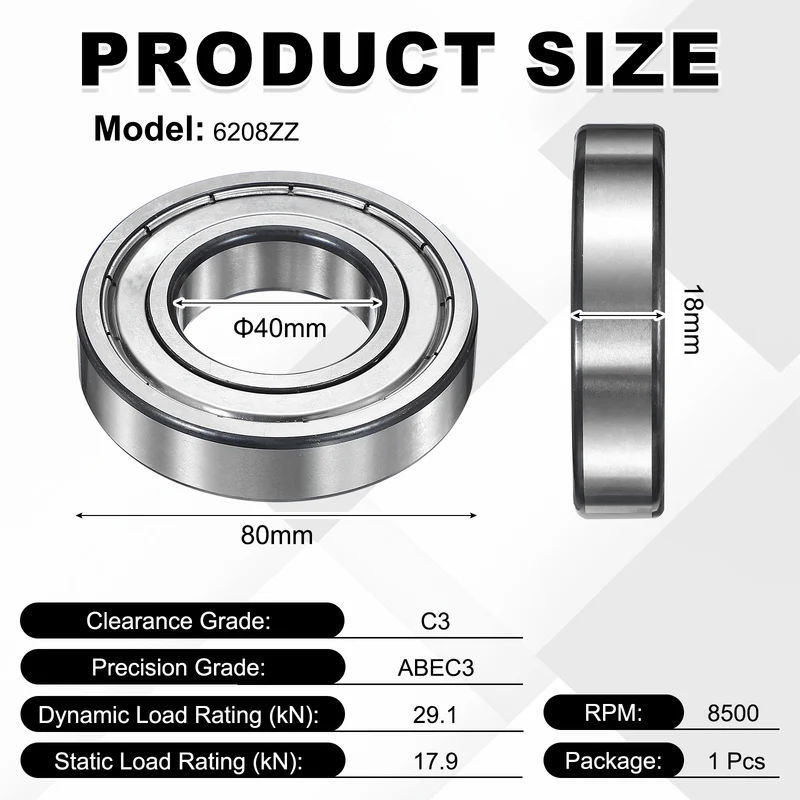 1Pcs 6208ZZ Deep Groove Ball Bearing, 40x80x18 mm Double Shielded Chrome Steel